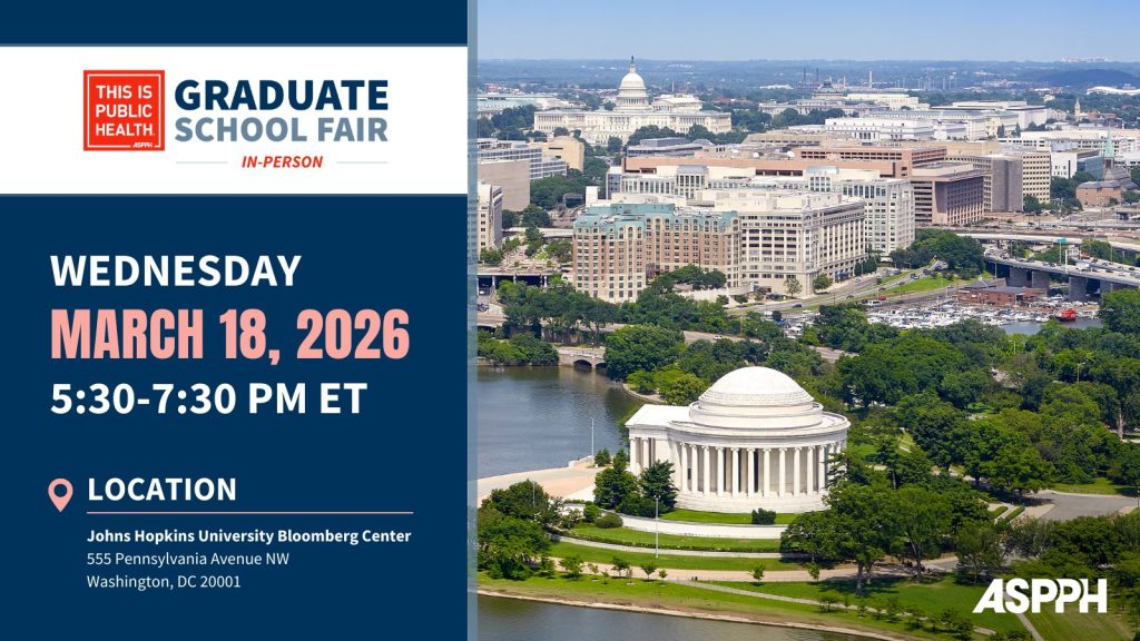 Aerial image of DC with text reading TIPH Graduate Fair March 18 from 530 to 730 in person