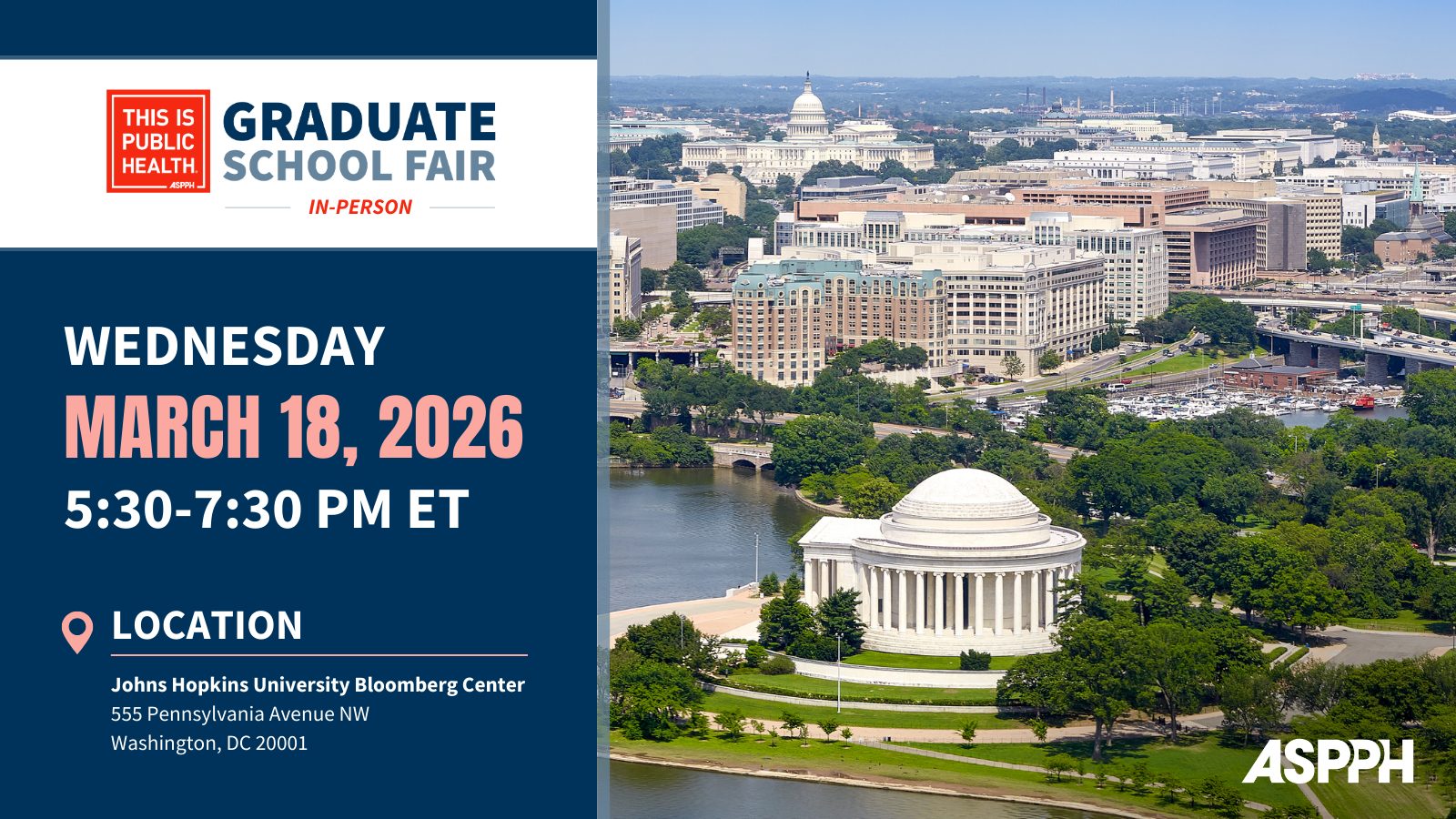 Aerial image of DC with text reading TIPH Graduate Fair March 18 from 530 to 730 in person