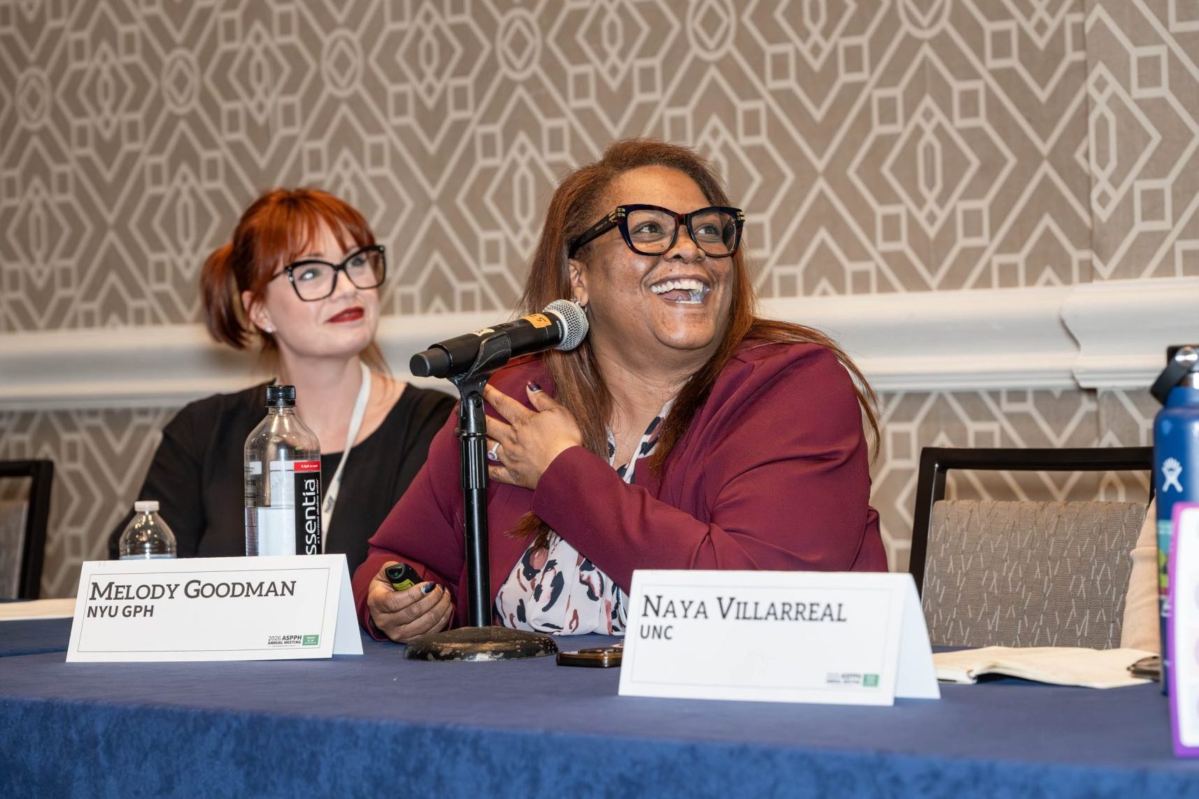 Two people speaking on a panel