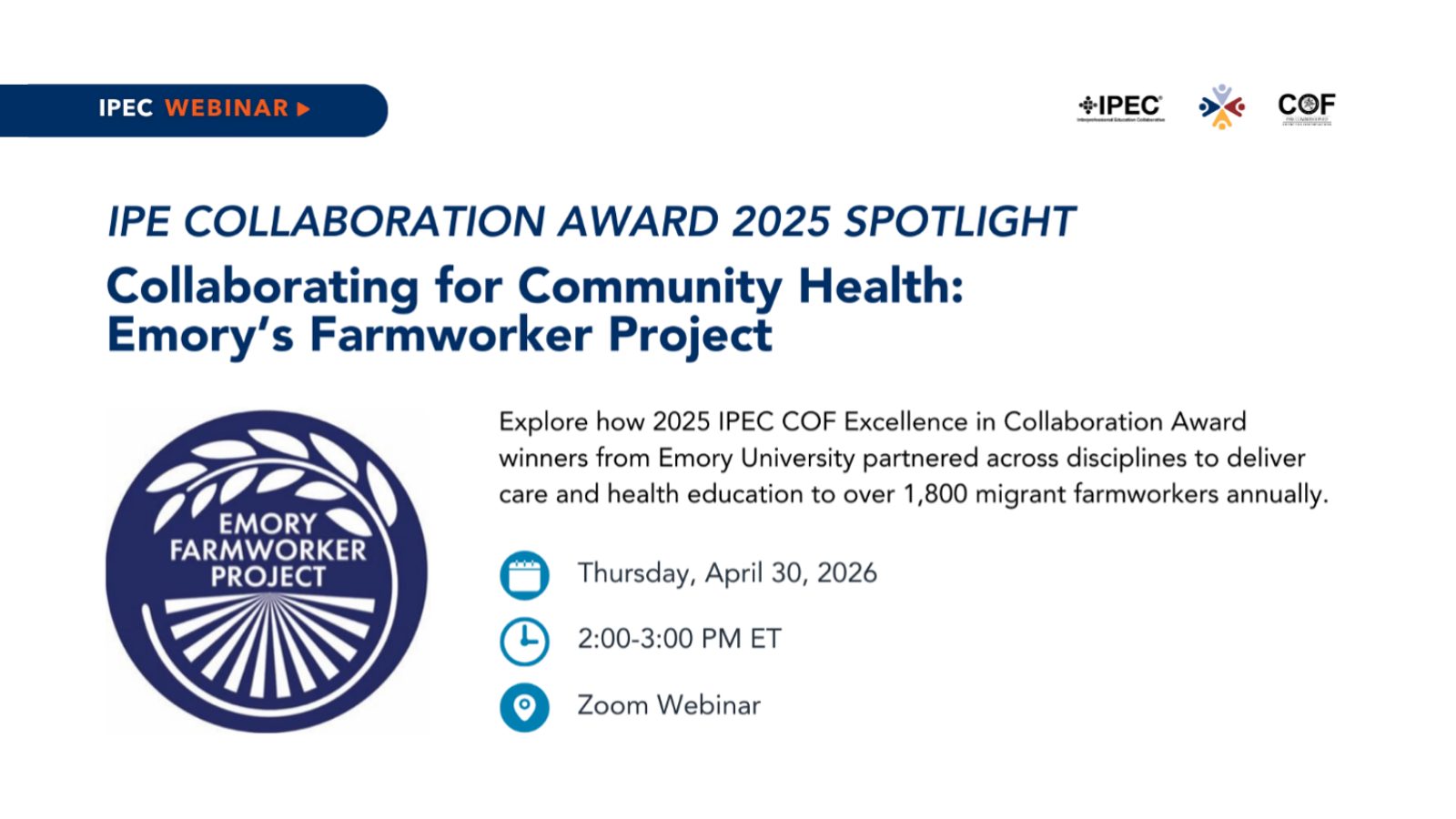 Collaborating for Community Health Emory’s Farmworker Project - Webinar on April 30 2026