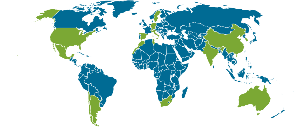 World map with selected countries in green while the rest are blue.