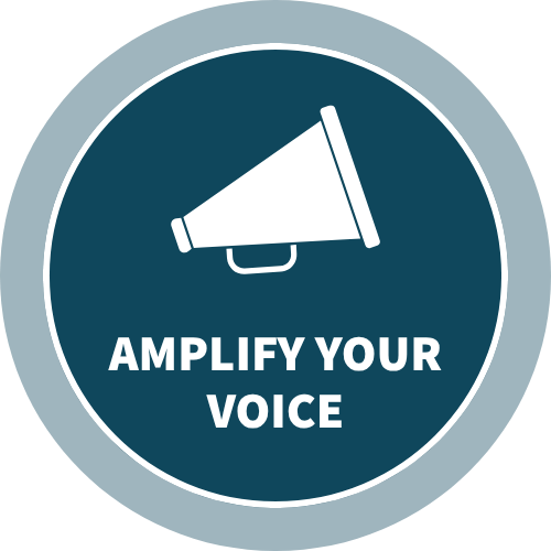 Dark blue graphic with white megaphone icon and "Amplify Your Voice" underneath
