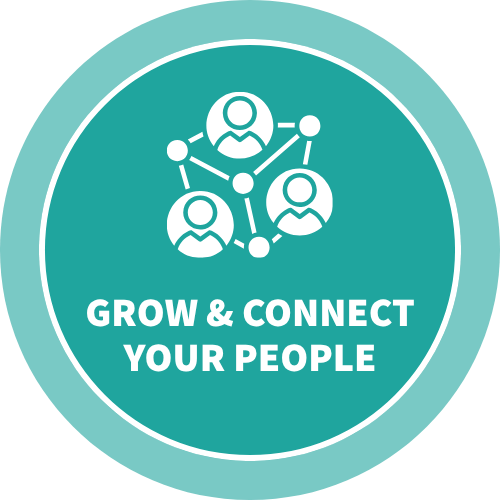 Teal graphic with white icon of three people connected in a network with "Grow & Connect Your People" underneath