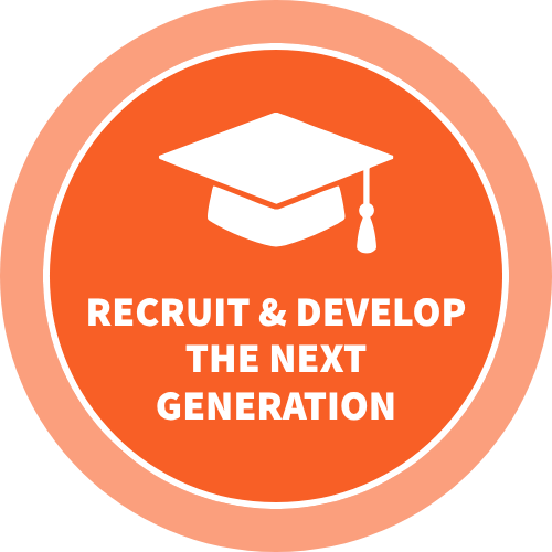 Orange graphic with white graduation cap icon and "Recruit & Develop the Next Generation" underneath